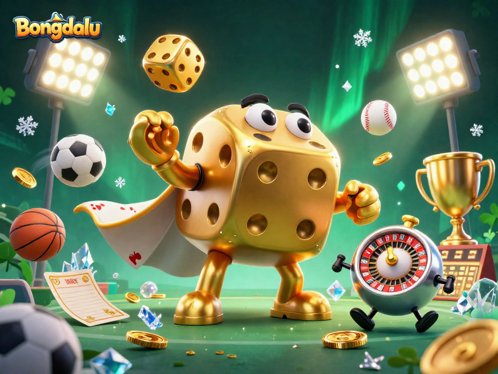 Bongdalu showcases a dynamic scene with golden dice and sports elements, illustrating interactive betting excitement.