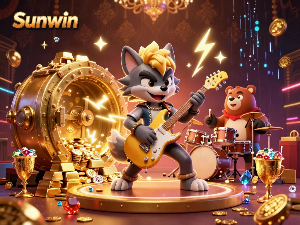 Sunwin immerses players in a vibrant casino scene complete with rock star characters and treasures.