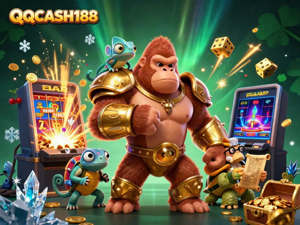 Experience thrilling play at QQCASH188 with a vibrant display of casino elements, featuring an exciting jackpot scene.