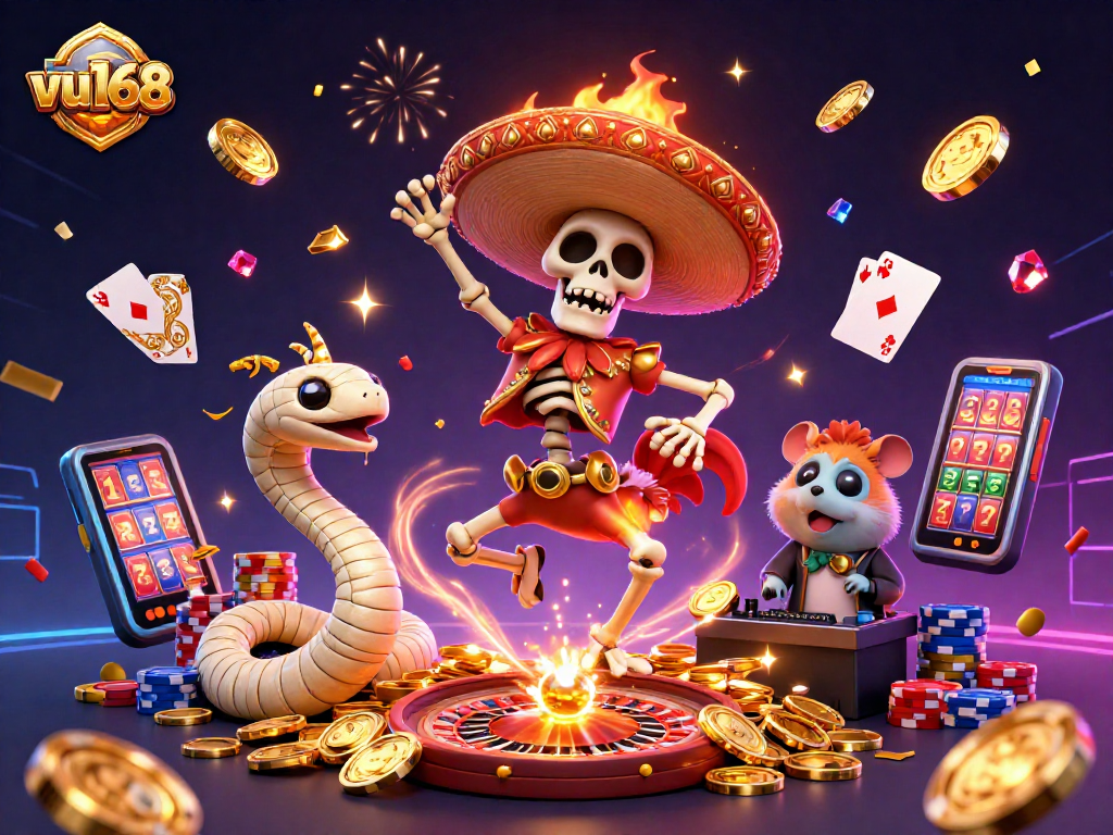 Experience thrilling action at vu168 with vibrant casino characters amidst cascading golden coins and gaming excitement.