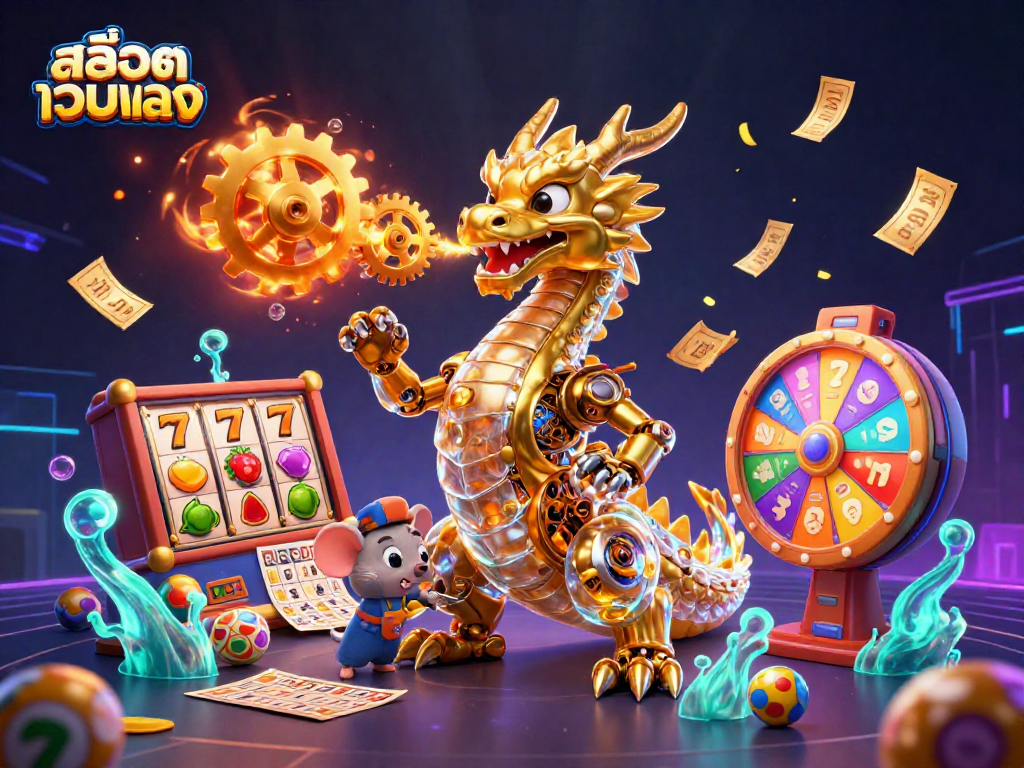 Play สล็อตเว็บตรง with exciting gaming elements like slot reels and golden tickets in a vibrant 3D scene.
