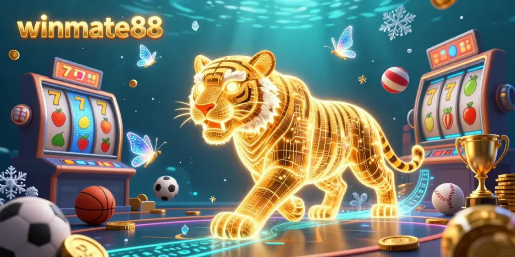Experience big wins at winmate88 with a stunning golden tiger in a vibrant casino landscape.