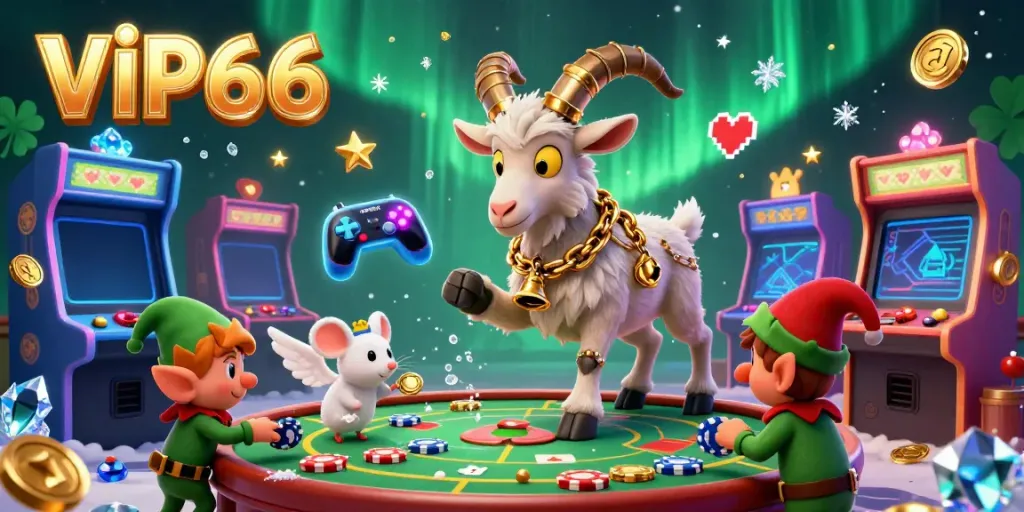Experience thrilling moments at VIP66 casino, with Krampus overseeing mischief in a vibrant gaming atmosphere.