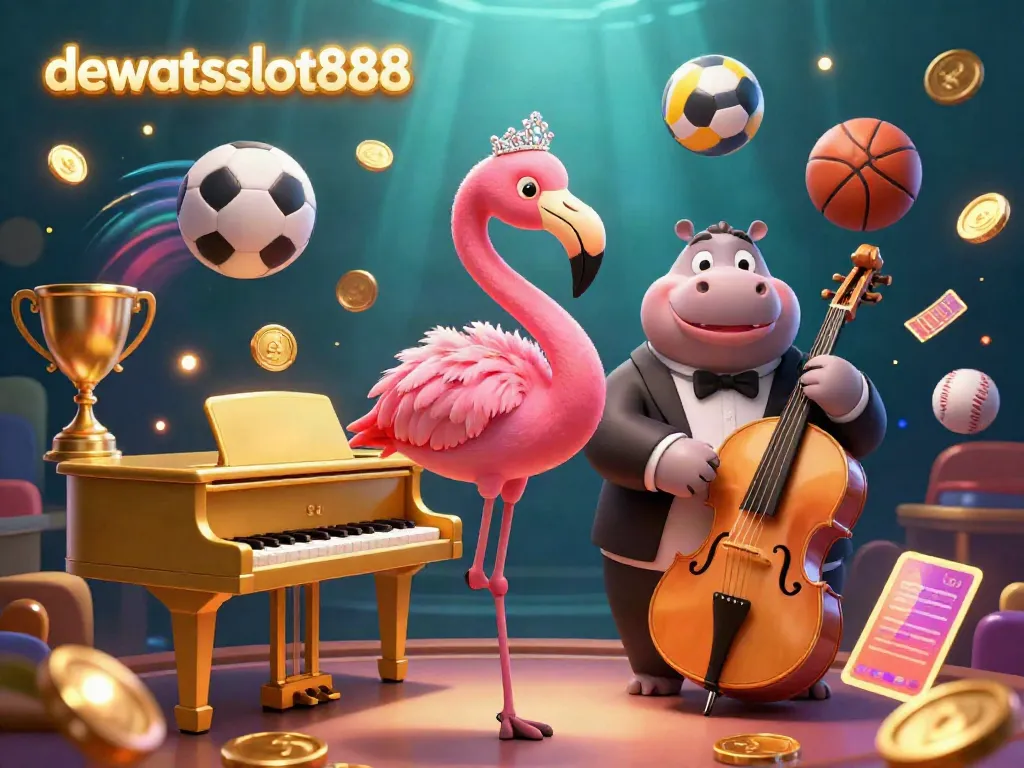 Permainan capsa susun seru di dewataslot888 dengan flamingo penyanyi yang bersinar dan hippo pemuzik di latar belakang kasino yang megah.