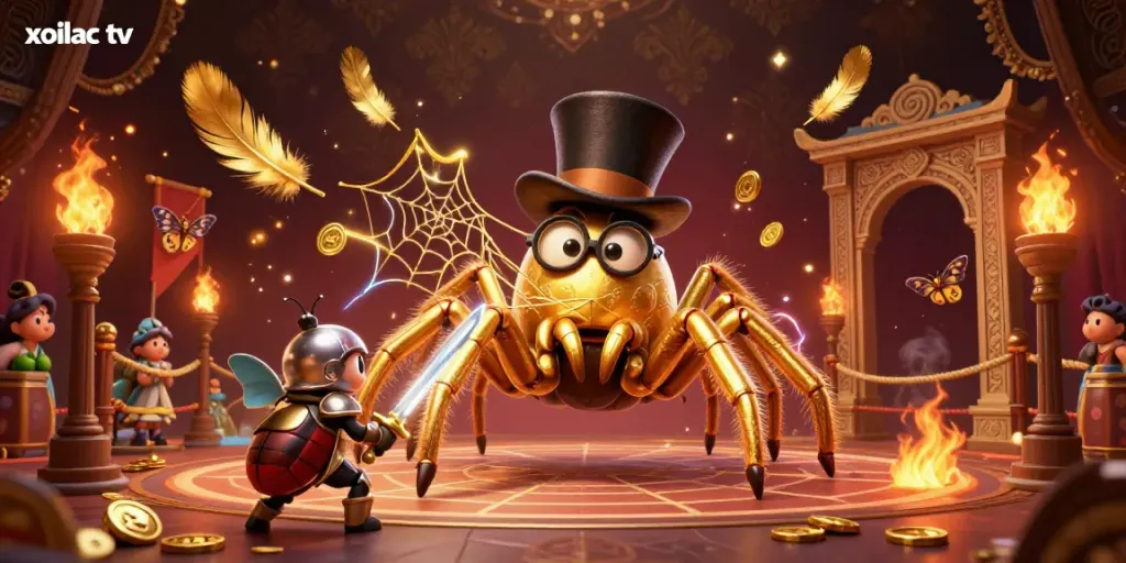 Experience the excitement of xoilac tv with a vibrant scene filled with a giant tarantula and beetle knight amidst gold coins and casino elements.