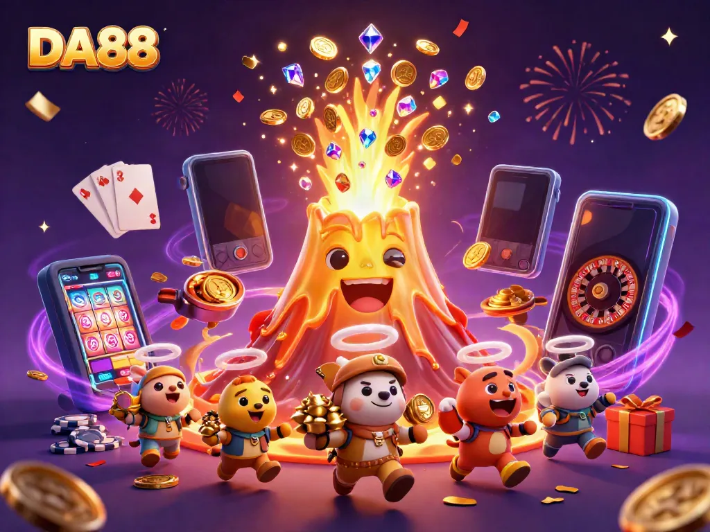 Celebrate wins with DA88 at an illustrated casino scene featuring treasure, games, and excitement.