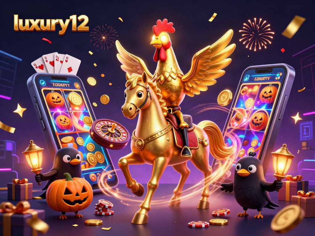 luxury12 captivates players with a golden rooster and dynamic casino elements in a vibrant scene