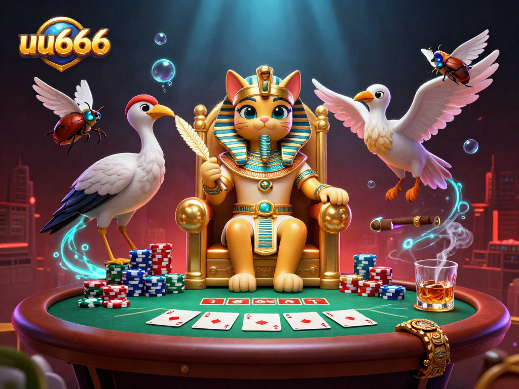 Experience thrilling gameplay with uu666, featuring an Egyptian pharaoh cat amidst vibrant poker action.