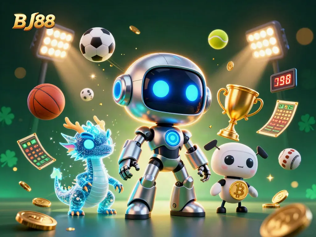 BJ88 showcases an ultra-detailed cyberpunk gaming scene of sports betting excitement and vibrant elements.