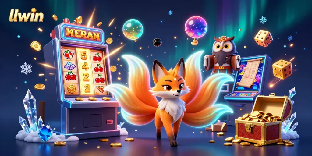Experience the magical world of llwin with colorful casino elements and a vibrant nine-tailed fox spirit.