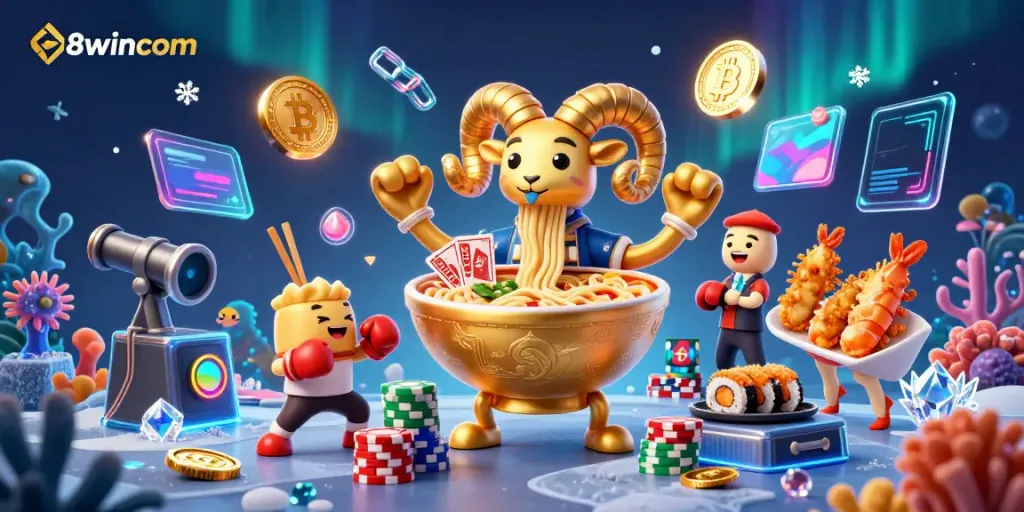 Engage with exciting games at 98wincom featuring a cartoon ramen bowl dealer and vibrant casino elements.