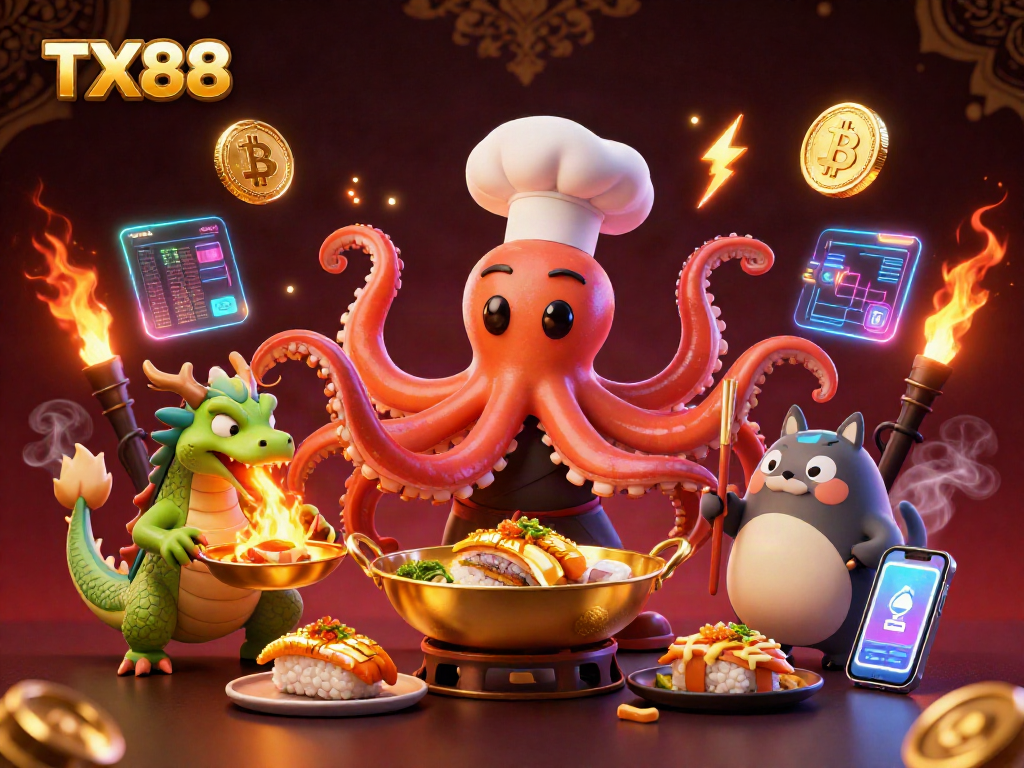 Engage with TX88 as the octopus chef creates winners in this vibrant casino scene.