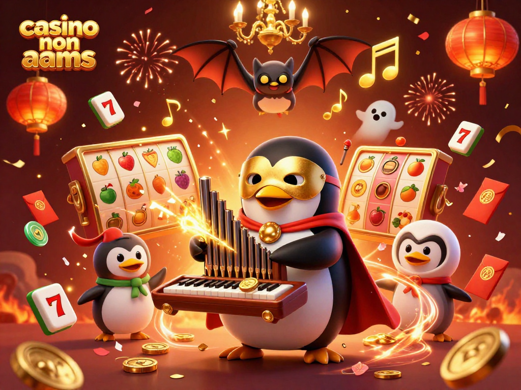 Vinci nel casino non AAMS con un pinguino musicista che gioca all'organo tra simboli di fortuna e luci festive.