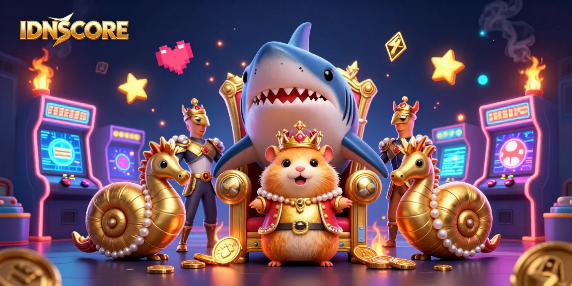 Bet on IDNSCORE with a fierce golden hamster king surrounded by colorful arcade and casino elements.