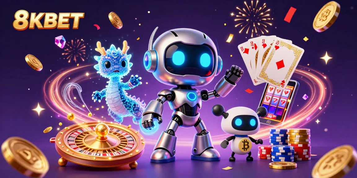 Experience thrilling gaming with 8KBET's ultra-detailed 3D casino scene featuring exciting elements and characters.