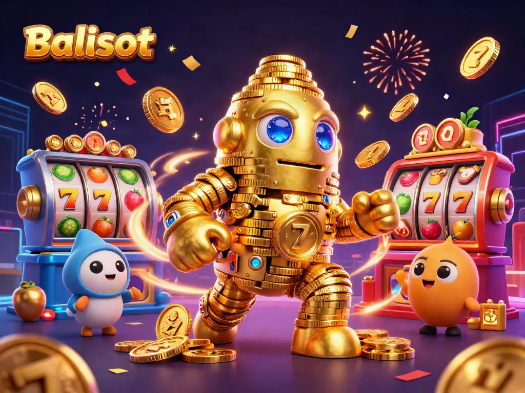 Experience the thrill of Balislot with a vibrant scene featuring golden golems, slot reels, and colorful confetti.