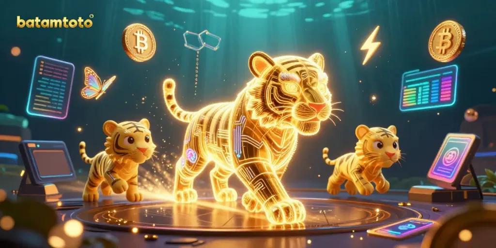 Engage in the vibrant batamtoto digital casino world with a dazzling tiger and crypto elements.