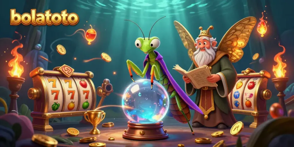 Engage with bolatoto's thrilling slot games and mystical fortune-telling in this vibrant illustration.