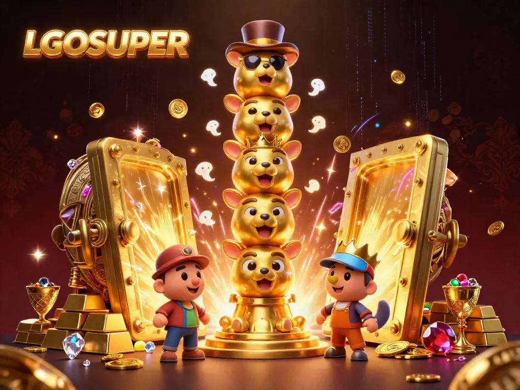 Experience the excitement of LGOSUPER with vibrant treasures and dynamic characters in a casino-themed scene.