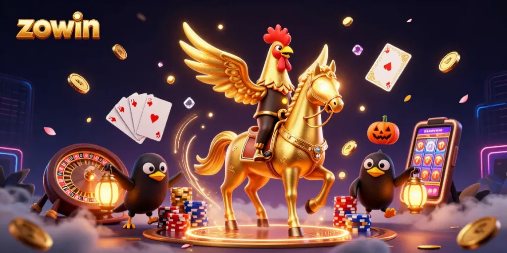 Zowin's golden rooster and spectral horse illuminate a vibrant casino scene, showcasing thrilling gaming action.
