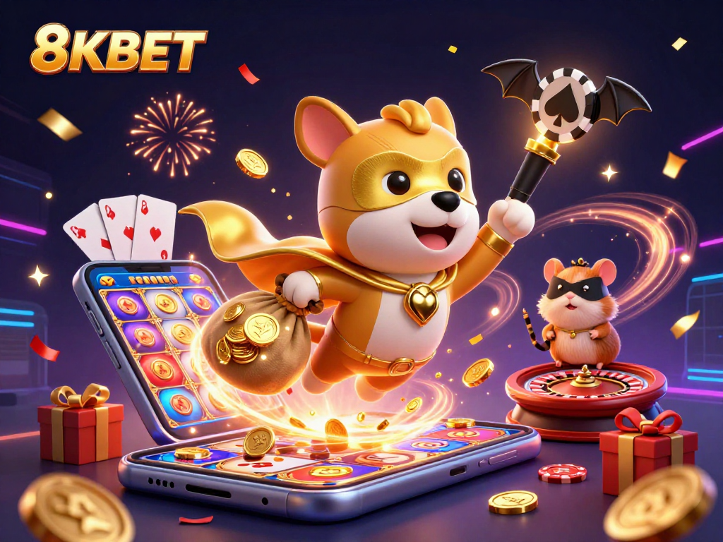 Engage with 8KBET's thrilling casino action featuring a superhero dog and exciting game elements.