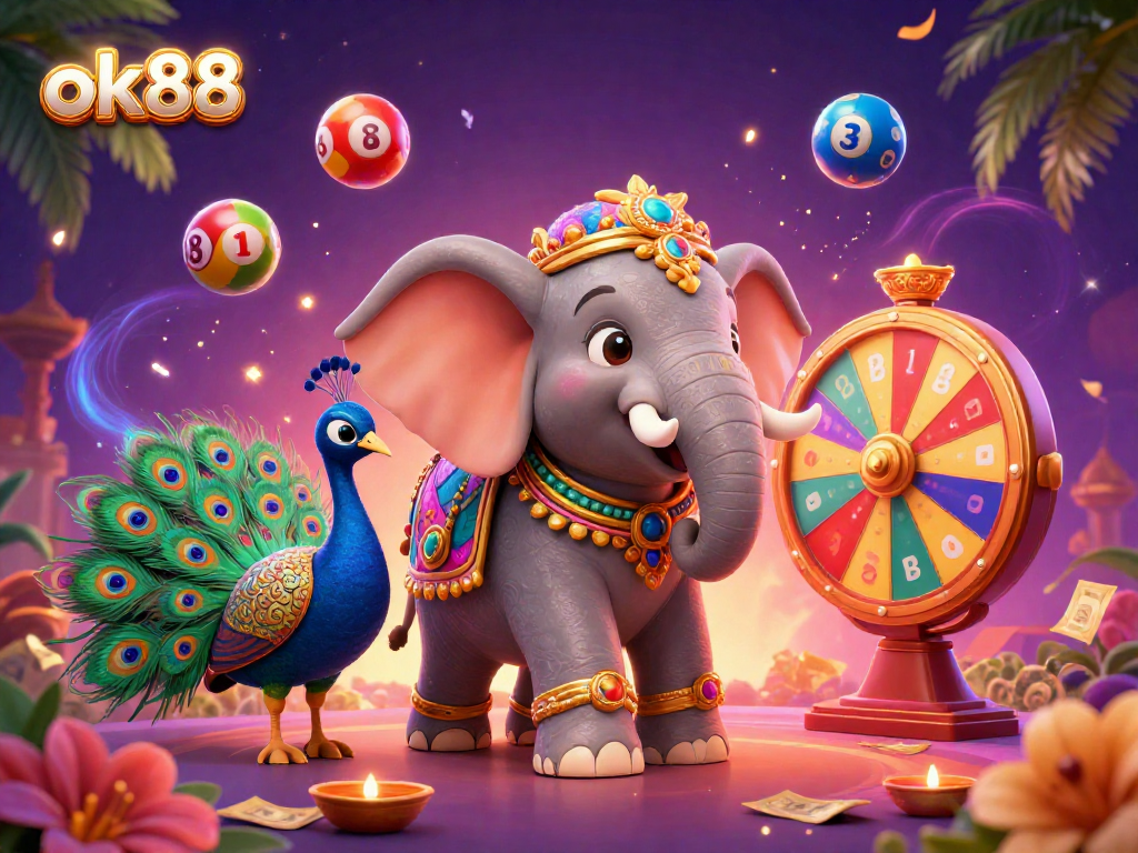 Engage with games at ok88, featuring a colorful elephant and exciting lottery elements in a vibrant casino setting.