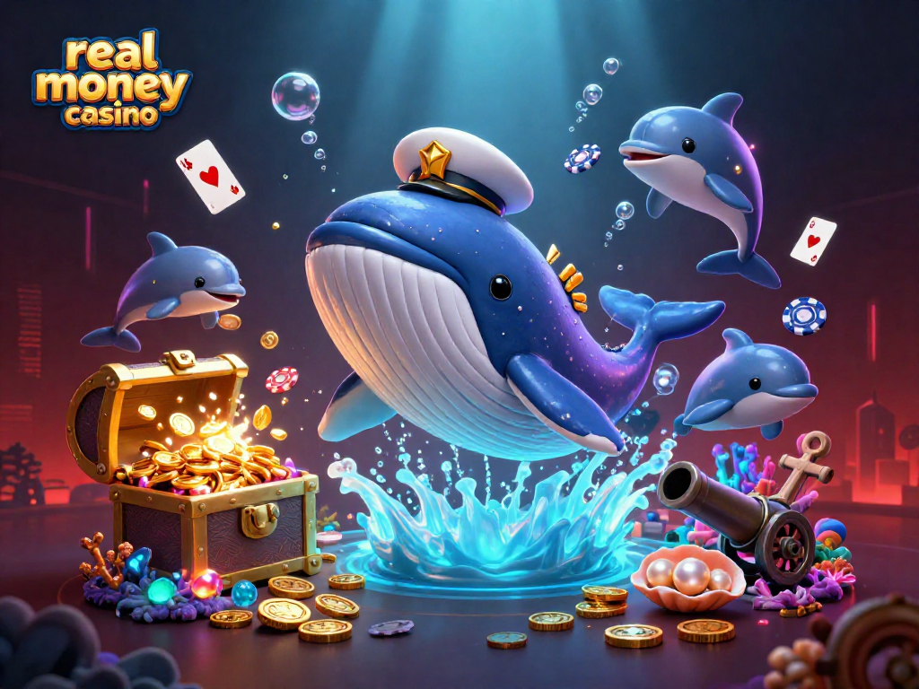 Immerse in the vibrant world of a real money casino illustrated with a whale and playful dolphins.