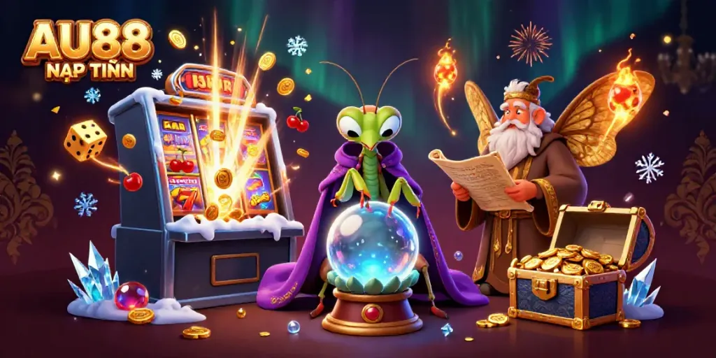 Experience thrilling AU88 NẠP TIỀN gameplay with mystical fortune telling and jackpot excitement in vibrant casino art.