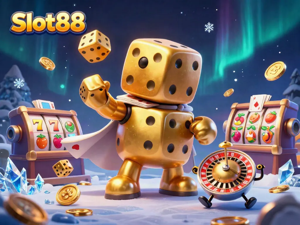 Engage in the Slot88 world with a vibrant scene featuring a golden dice golem and dynamic slot elements.