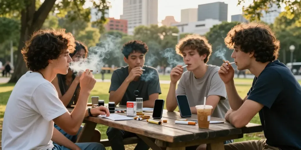 Group enjoying cheap cigarettes online Australia in city park.