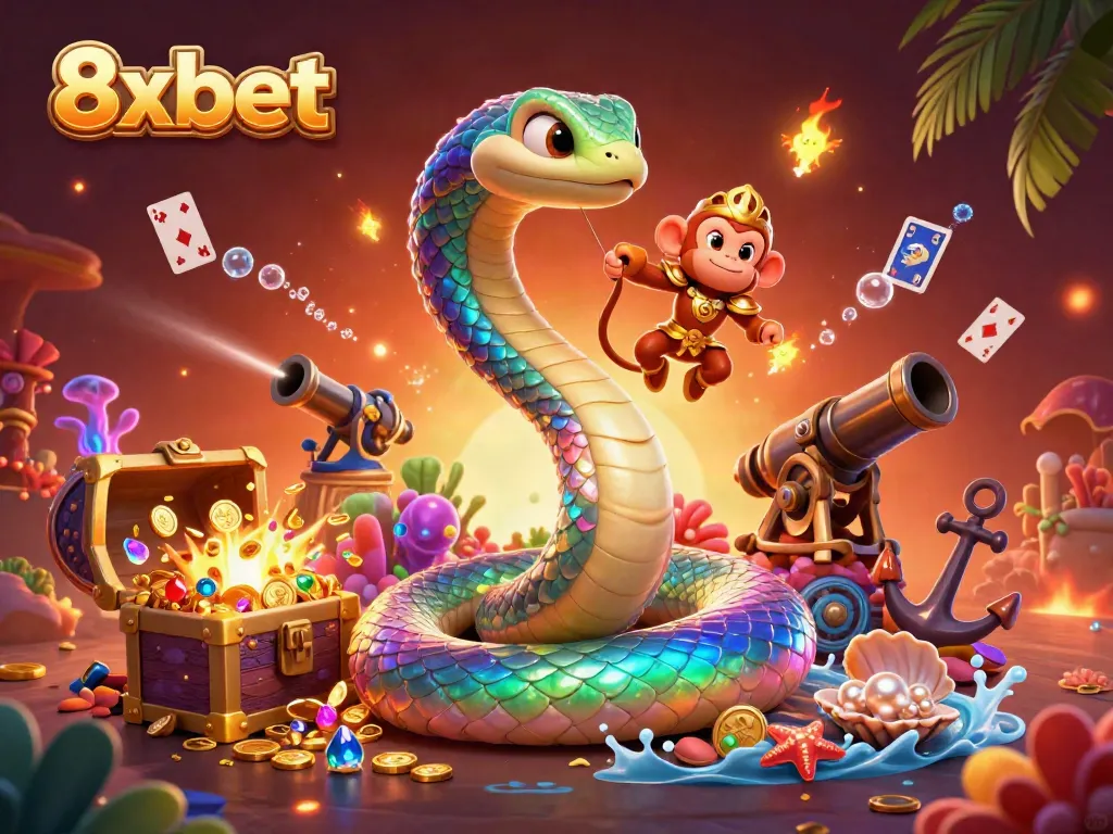 Experience the vibrant world of 8xbet with a majestic serpent and monkey king in an exciting casino scene.