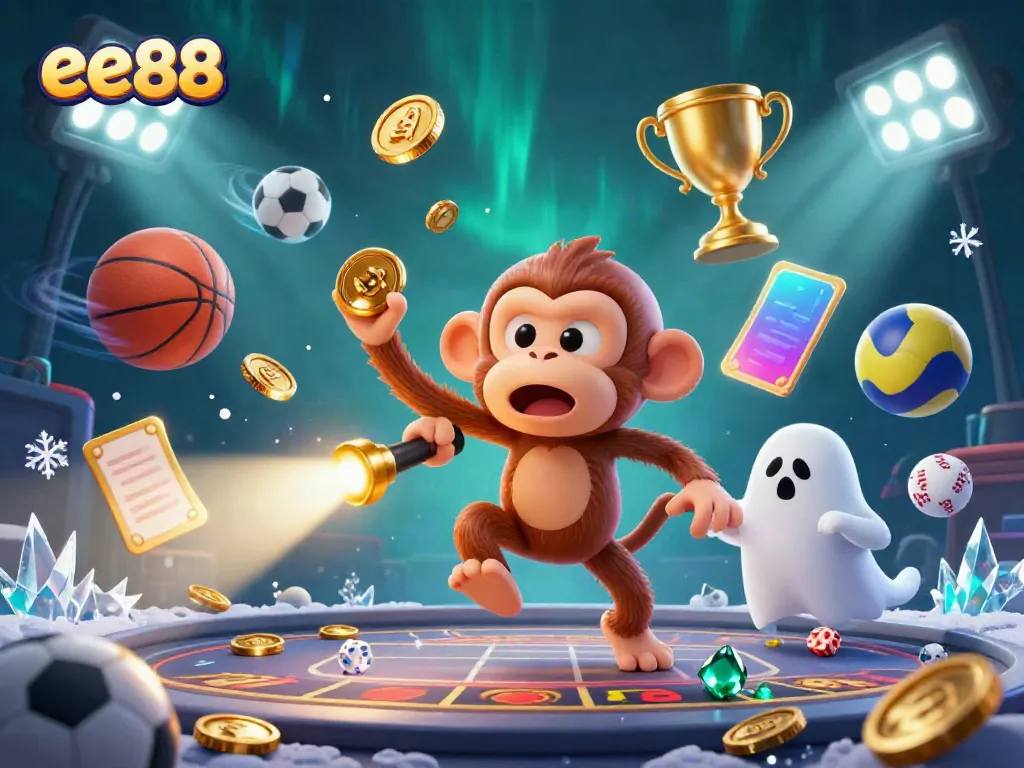Experience high stakes with ee88, featuring a playful monkey and excited ghost-hunter puppy in a dynamic casino setting.
