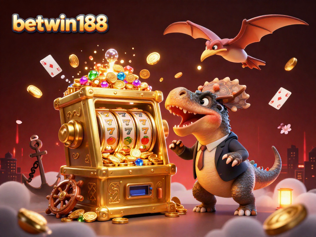 Engage with betwin188 as a pachycephalosaurus heads for a jackpot at a golden slot machine amidst flying coins.