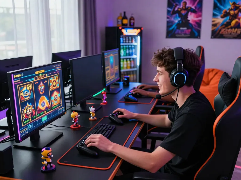 Player engaged in akunjp gaming at a high-tech desk with vibrant lighting.