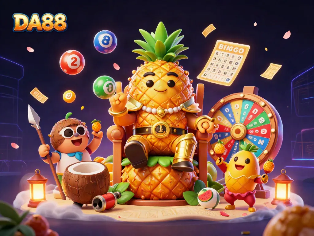 Experience the vibrant DA88 casino scene with a golden pineapple king and dynamic gaming action elements.