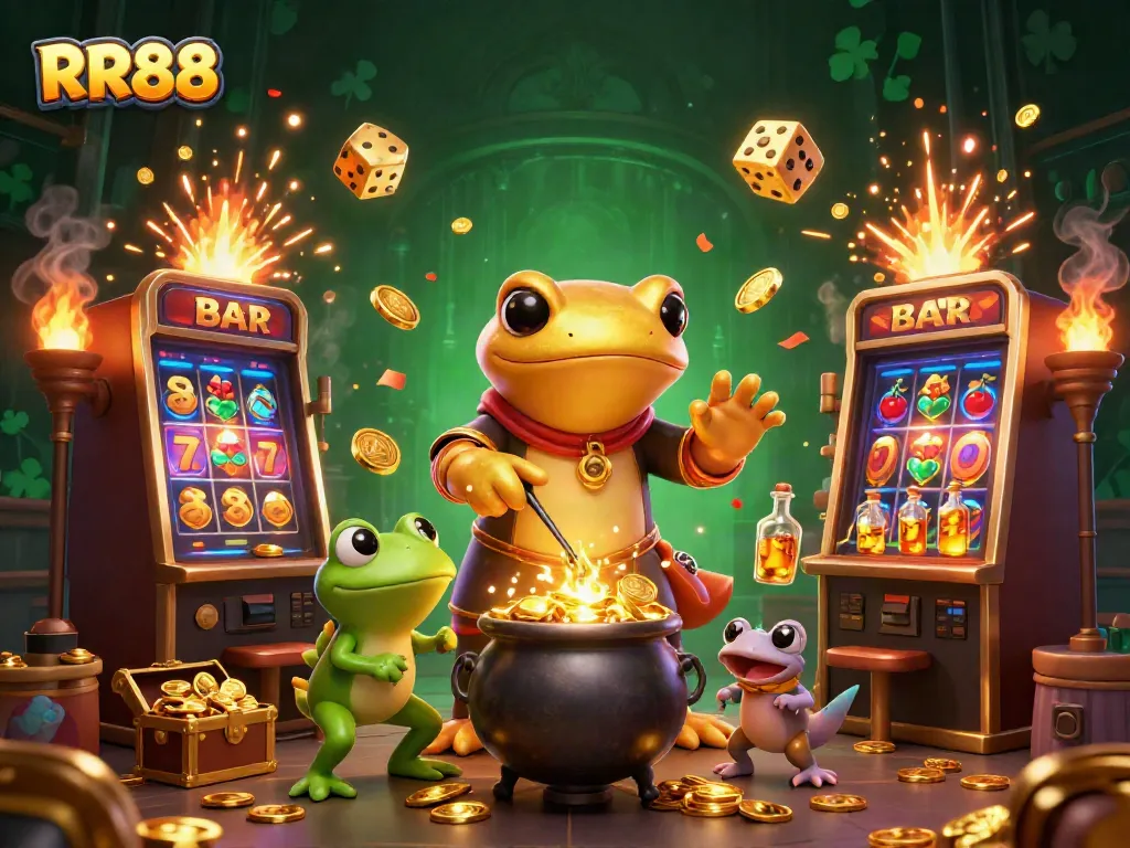 Experience RR88 with a golden salamander alchemist crafting coins in a vibrant casino scene.