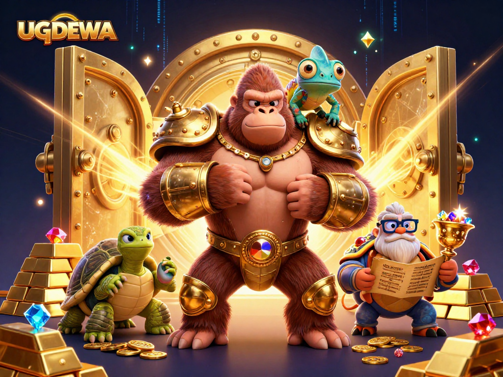 Engage with UGDEWA's thrilling casino scene as the gorilla king and friends play amidst treasures.