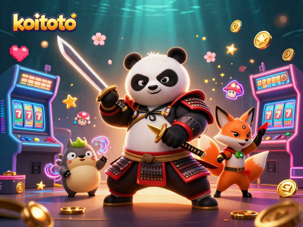 Koitoto menghadirkan panda samurai 3D di kasino, dikelilingi mesin slot dan karakter menarik.