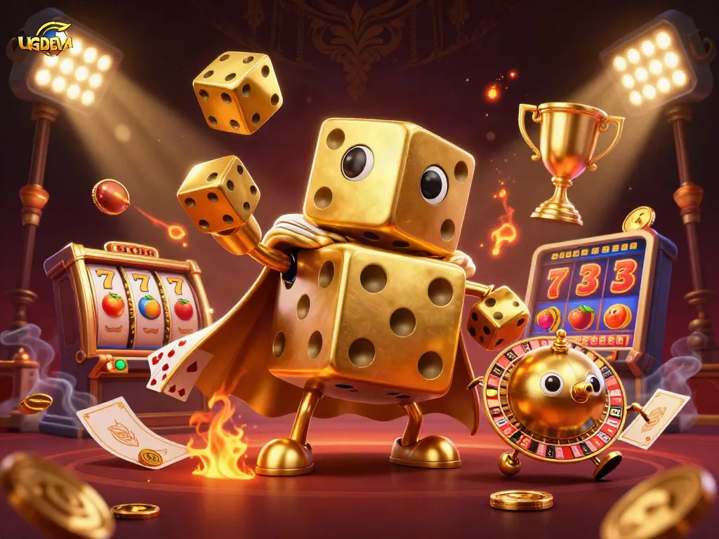 Engage with UGDEWA’s vibrant casino illustration featuring golden dice and slot elements in action.