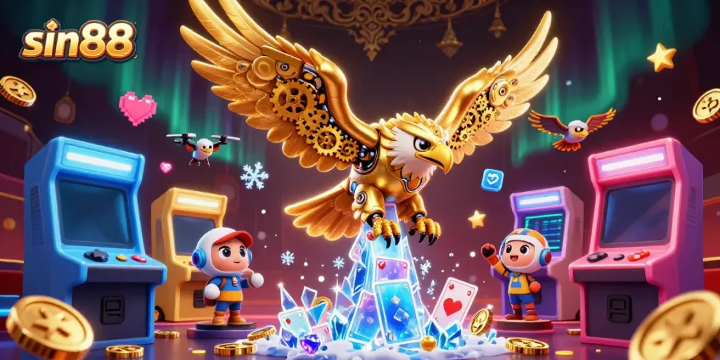 Experience thrilling wins with sin88 in a vibrant 3D casino world featuring a golden eagle and arcade elements.