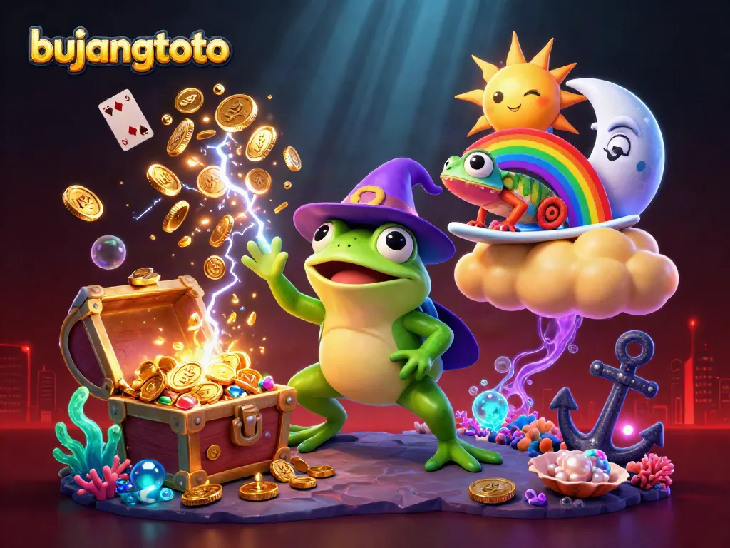 Bujangtoto's vibrant 3D scene showcases a wizard frog, chameleon, and treasures in a dynamic casino atmosphere.