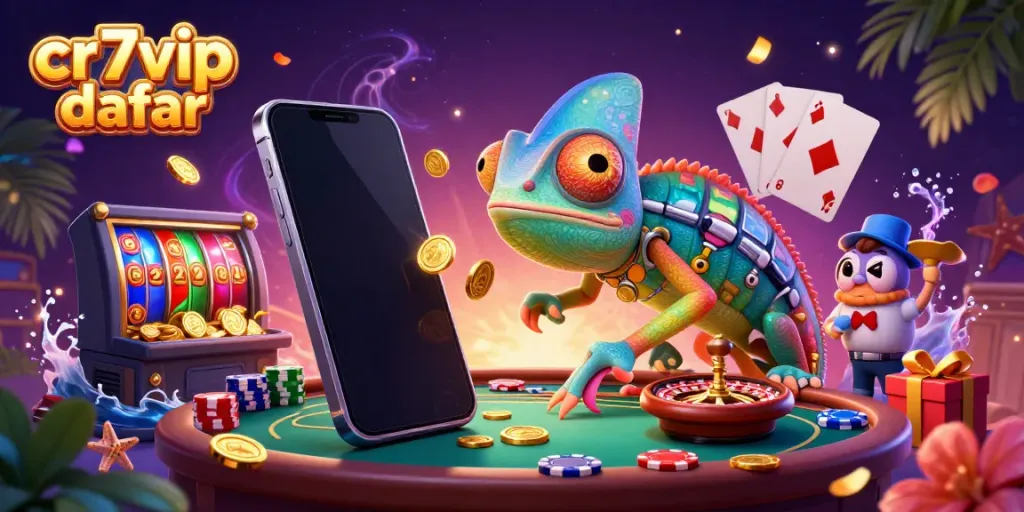 Ilustrasi 3D dari pemilik kasino chameleon yang melahap koin sambil melihat meja roulette, dalam konteks cr7vip daftar