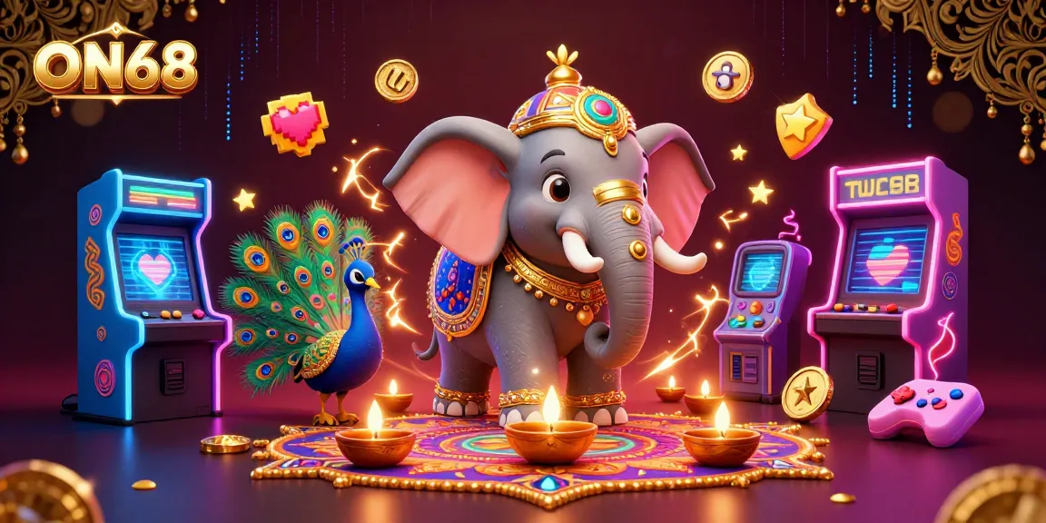 Engage in exciting gameplay at ON68's vibrant casino scene, featuring dynamic elements and festive characters.