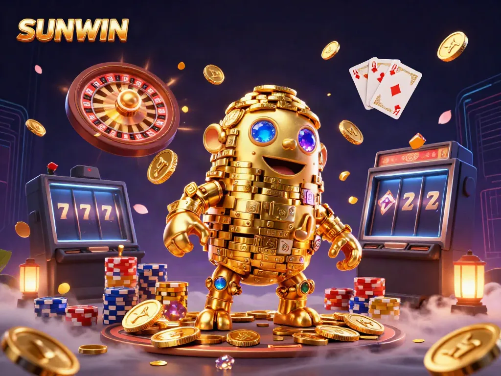 Engage with SUNWIN's vibrant 3D casino scene featuring a golden golem and dynamic game elements.