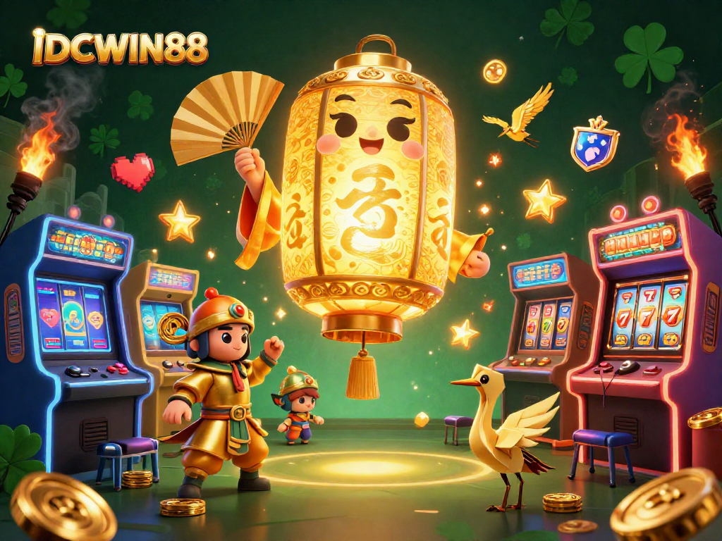 Engage with IDCWIN88's vibrant casino experience featuring interactive games, slot reels, and golden characters.