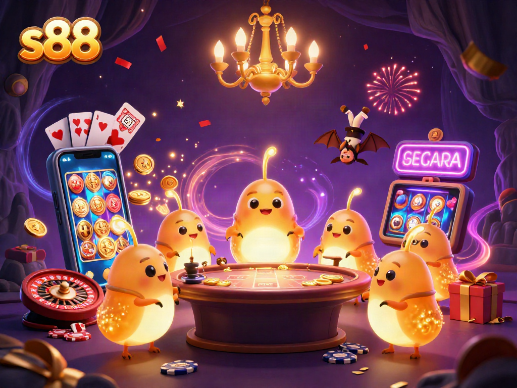 Experience the excitement of s88 gaming with glowworms illuminating a vibrant cave casino scene.