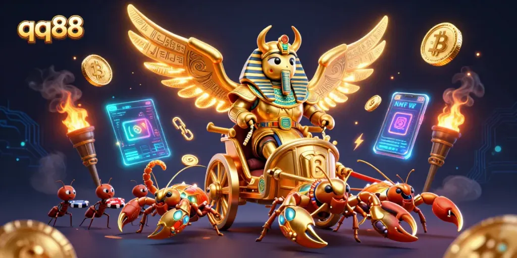 Engage in thrilling qq88 gaming with a vibrant illustration of a golden scarab beetle on a chariot, surrounded by crypto coins and dynamic casino elements.